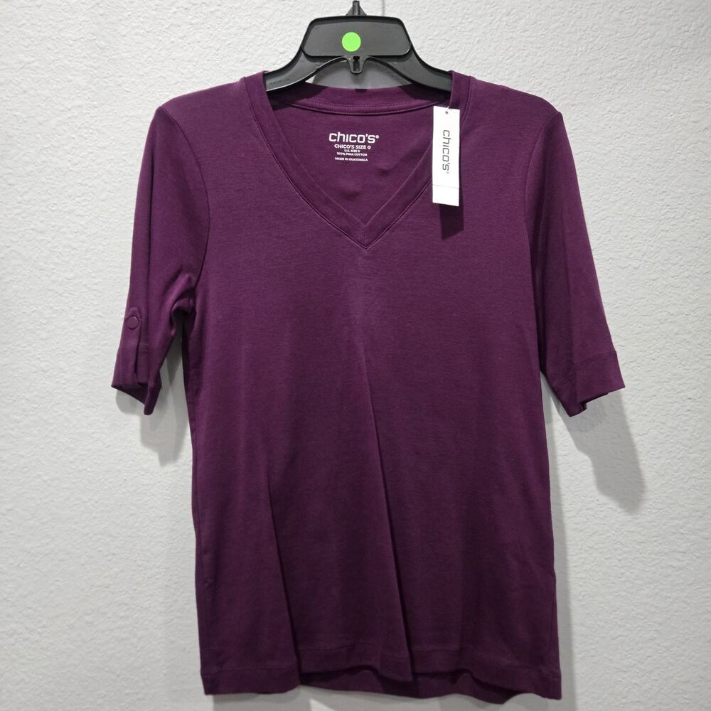 Chicos 0 S Purple Pima Cotton Everyday V Neck Tee